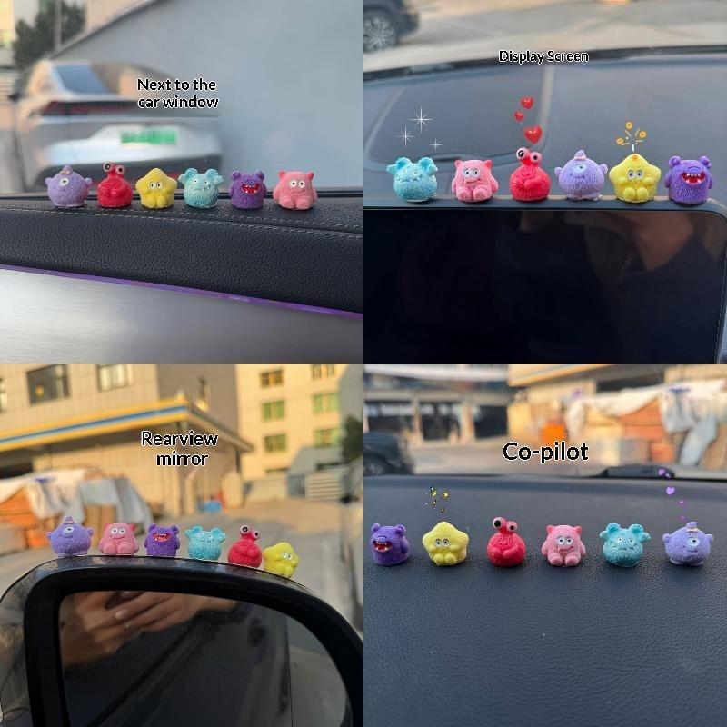 6Pcs Cute Fuzzy Monster Colorful Mini Cartoon Figurines Car Dashboard Ornaments for Child Small Gifts