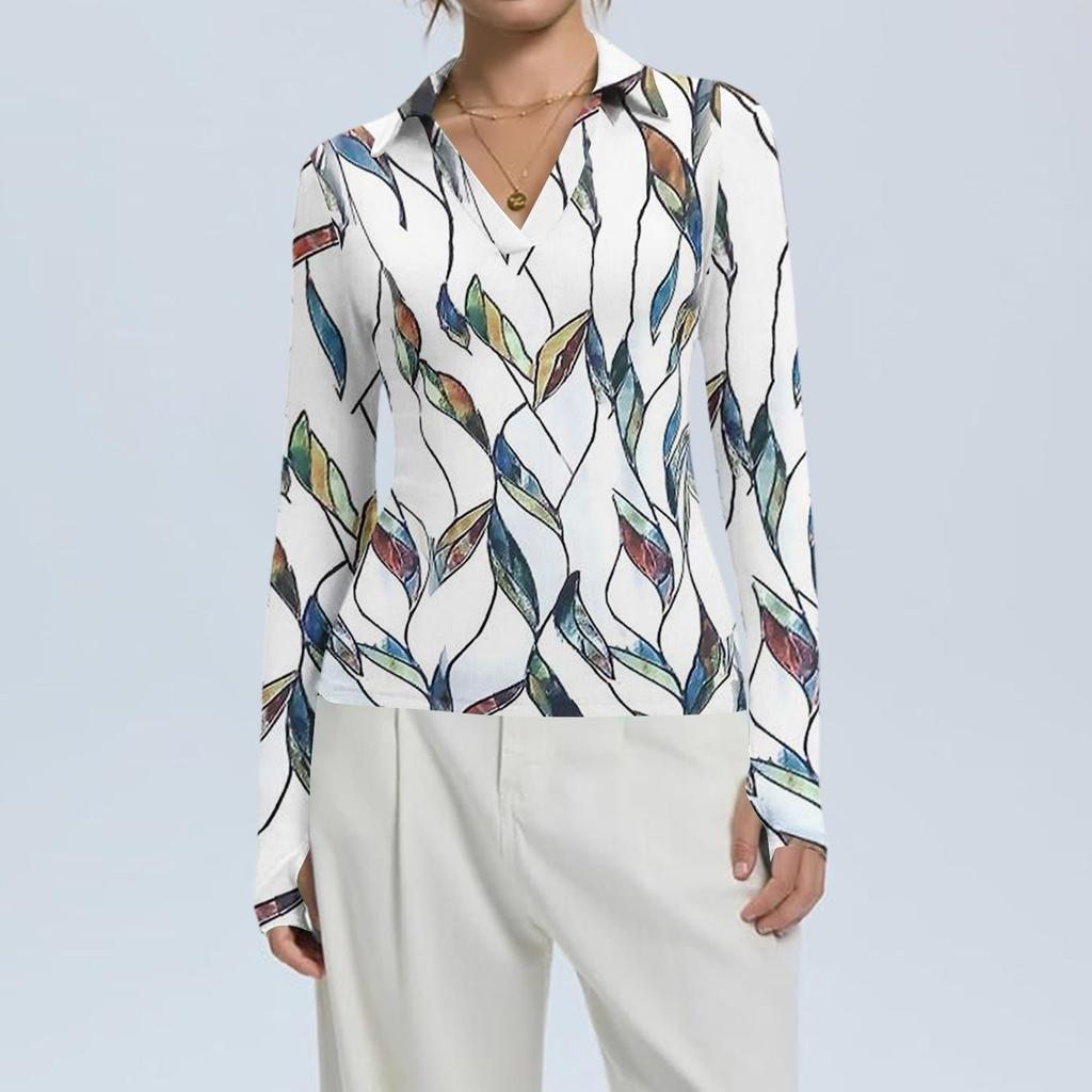 Женская Мода Повседневный Принт V-образный Вырез Длинный Рукав Застежка на Пуговицы Топ