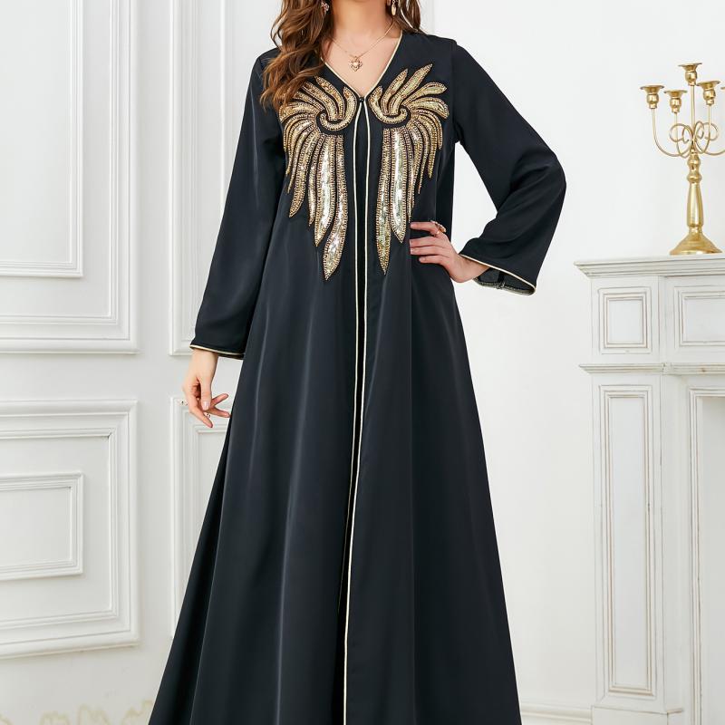 Middle East Muslim Gold Sequin Beaded Applique Two Piece Set Dubai Arab New Women's Dress