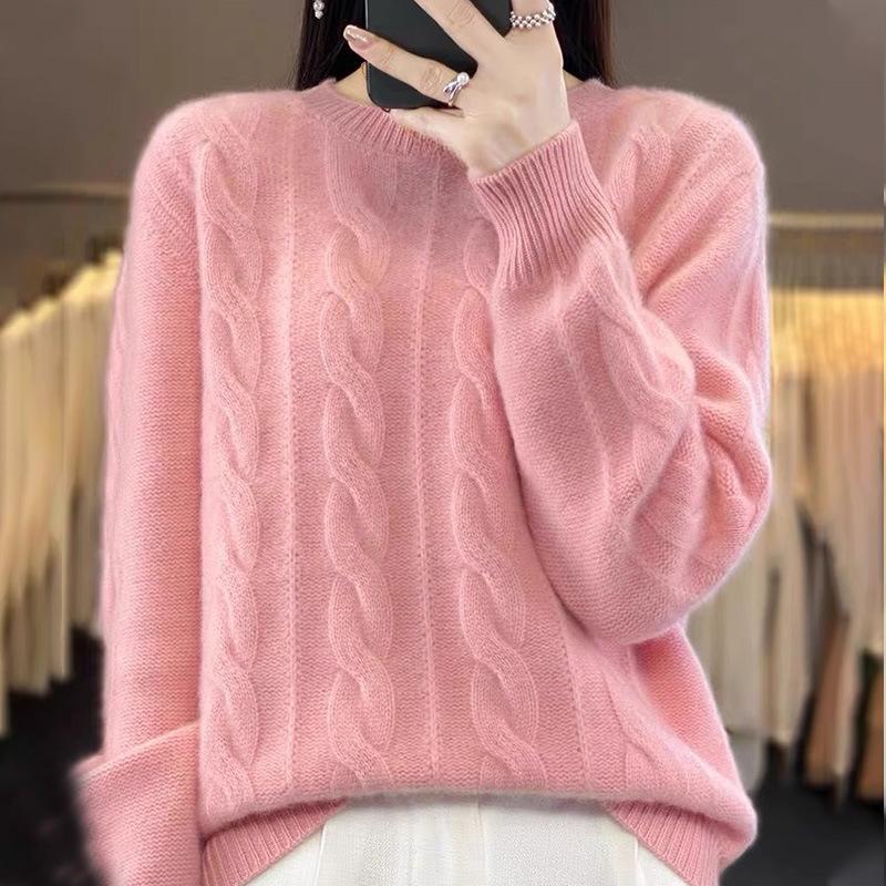 Autumn Winter Women Sweater Wool Thick Warm O-Neck Pullover Twist Flower Cashmeresolid Color Knitwear Loose Round Neck Warm Base Clothes
