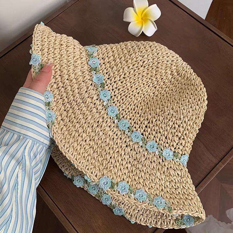 Шляпа рыбака с цветочным узором ручной работы для женщин для летнего отдыха на море с большими полями, складная соломенная шляпа от солнца