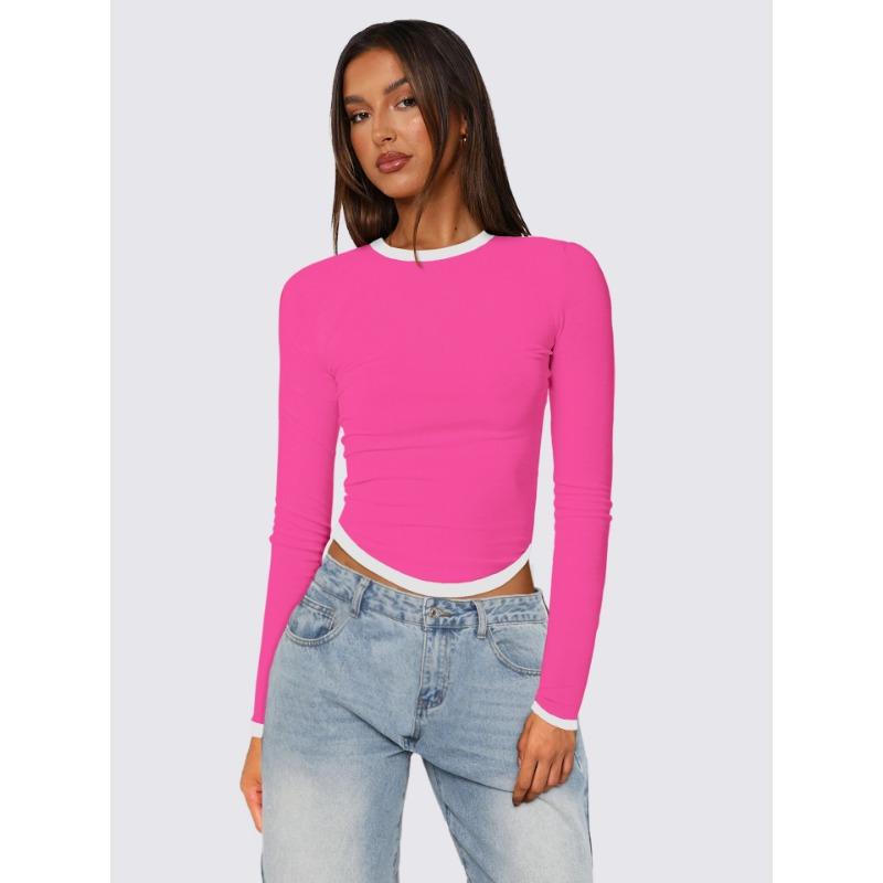 Женские весенне-летние новые облегающие топы с длинными рукавами и круглым вырезом, популярные цвета, укороченные топы-пуловеры