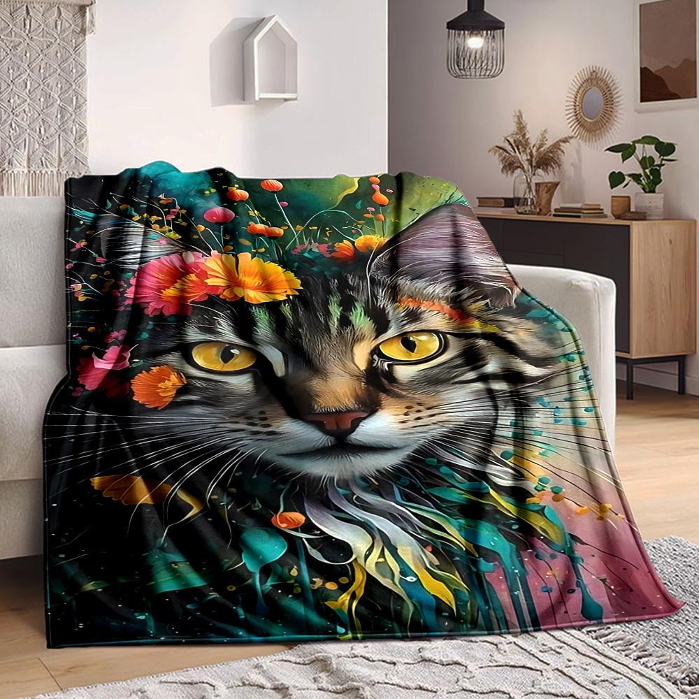 1pc Floral Cat Artwork Blanket Lightweight Blanket Throw Blanket For Sofa, Bed, Travel, Camping, Livingroom, Office, Couch, Chair yy251010083