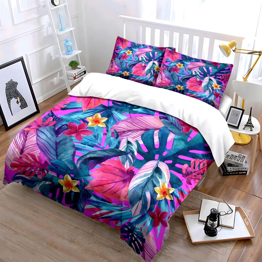 Tropical Leaf Pattern Decorative Set Bedding Set with 1 Duvet Cover 2 Pillowcases Single Double King Queen, Gift