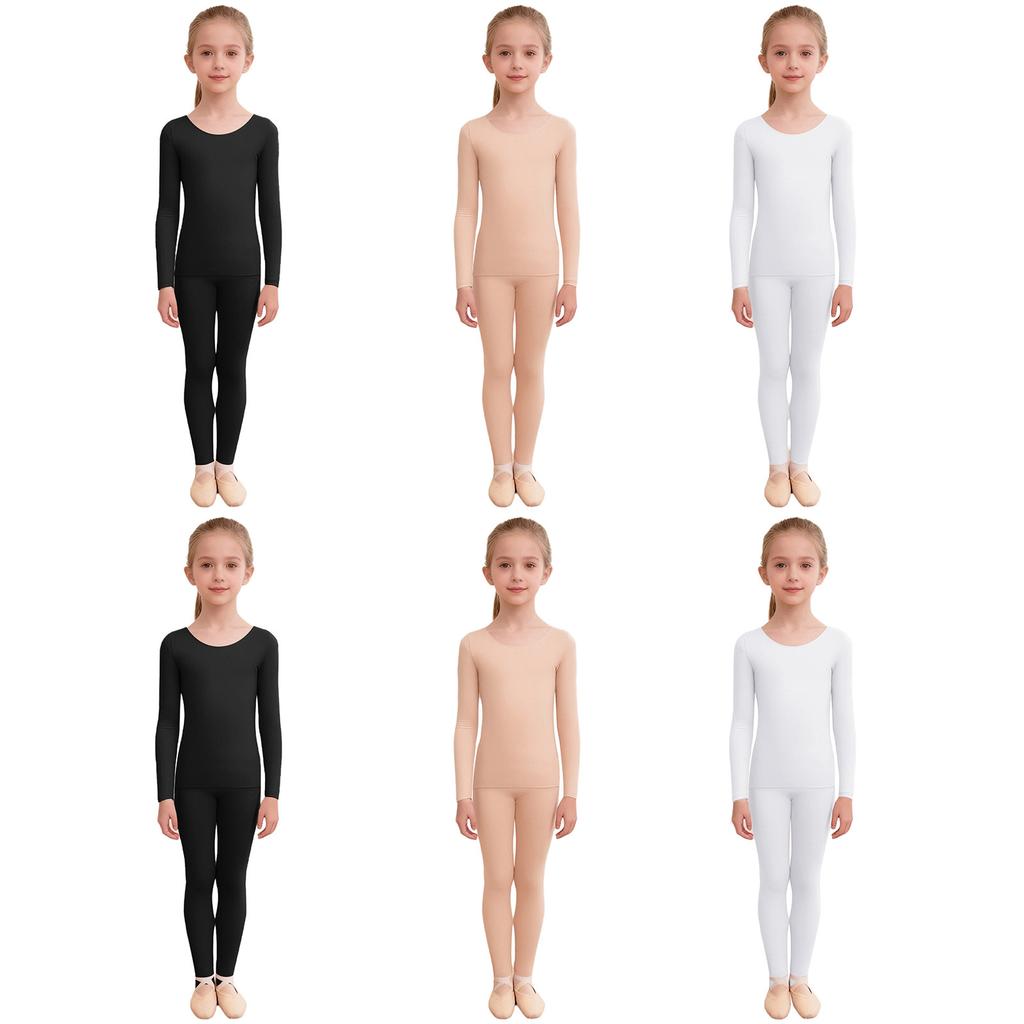 Complete Girls Warm-Up Outfit 2Pieces: Seamless Long Sleeve Tee & Adjustable Stirrup/Regular Pants for Ballet & Gymnastics