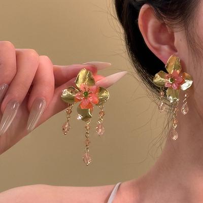 Серьги-кисточки из смолы с цветами и стеклянными бусинами, модные изысканные серьги-пусеты в стиле легкой роскоши, серьги с высоким чувством темперамента, персонализированные серьги