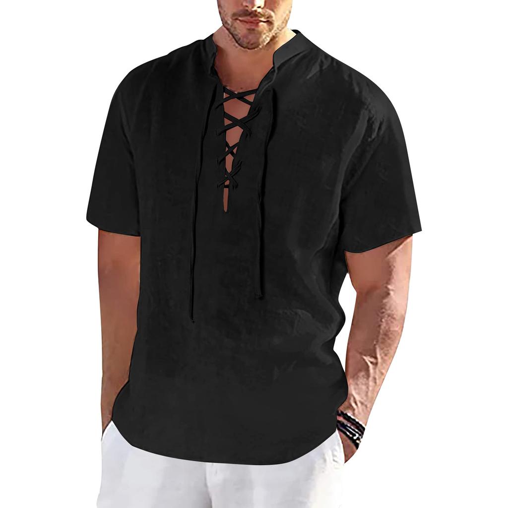 Men's Spring Summer Casual Fashion Drawstring Cotton Linen Solid Colour V-neck Short Sleeve