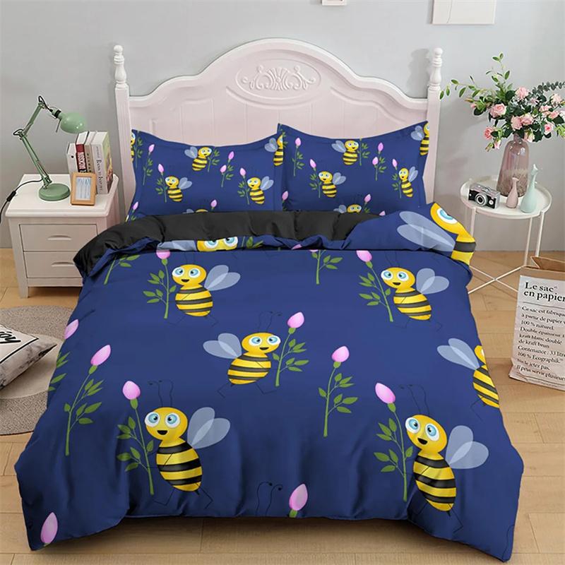Cartoon Bee Duvet Cover Lovely Yellow Flying Animals Theme for Kids Boys Girls Gifts Women Beautiful Flowers Bedroom Decoration