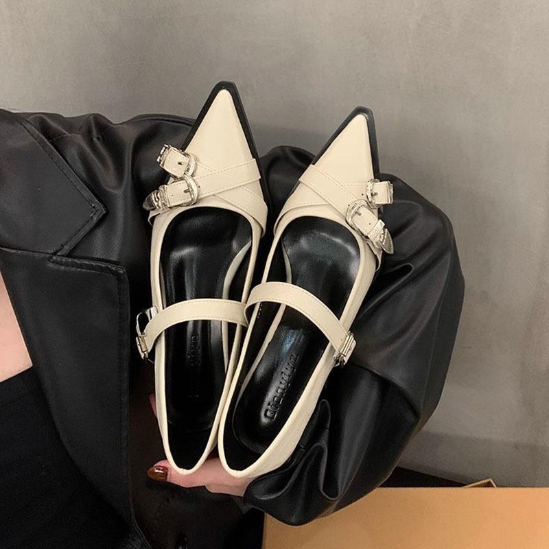 Весна-лето Новые женские туфли-лодочки с острым носком, декоративной пряжкой, черным мелким ремешком сзади, средний каблук, одинарные туфли для женщин 2024