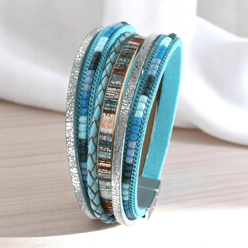 Braided leather bracelet with Boho leather wrap and white straps