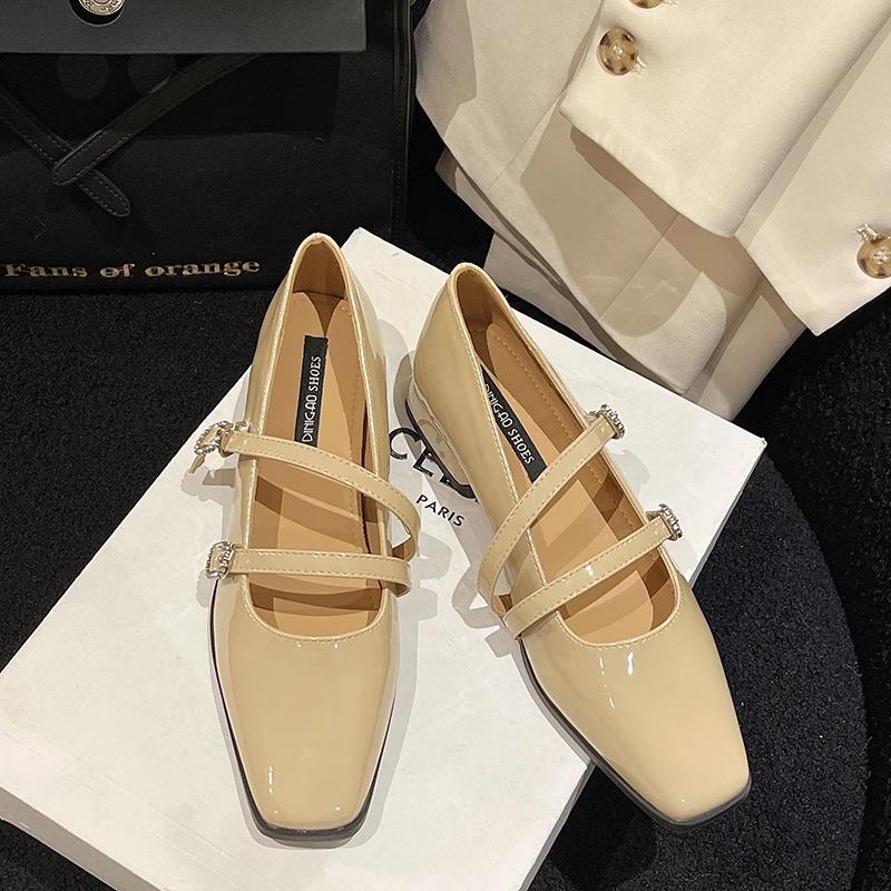 New Women Janes Shoes French Small Square Toe Double Buckle Shallow Pumps Mid Thick Heels Dress Shoe Zapatos Mujer