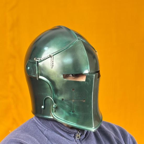 Green Barbuta Helmet Medieval Knight Armor 18g Mild Steel LARP Cosplay Warrior Helmet Visored for Halloween Collectors