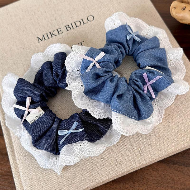 Fashion Colorful Bow Denim Splicing Lace Hair Scrunchies Headband Women RetroTemperament Hair Rope Girl Tie Ponytail Rubber Band