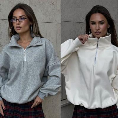 Однотонная верхняя одежда на половину молнии со стойкой воротником, модный трендовый свитшот с лацканами, свободный топ