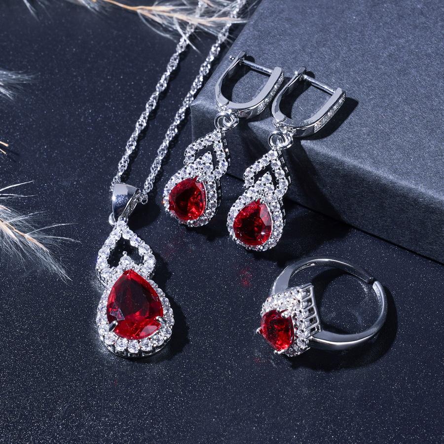 Элегантный красный кристалл посеребренный капля воды свадебные комплекты ювелирных изделий для женщин серьги ожерелье регулируемое кольцо браслет