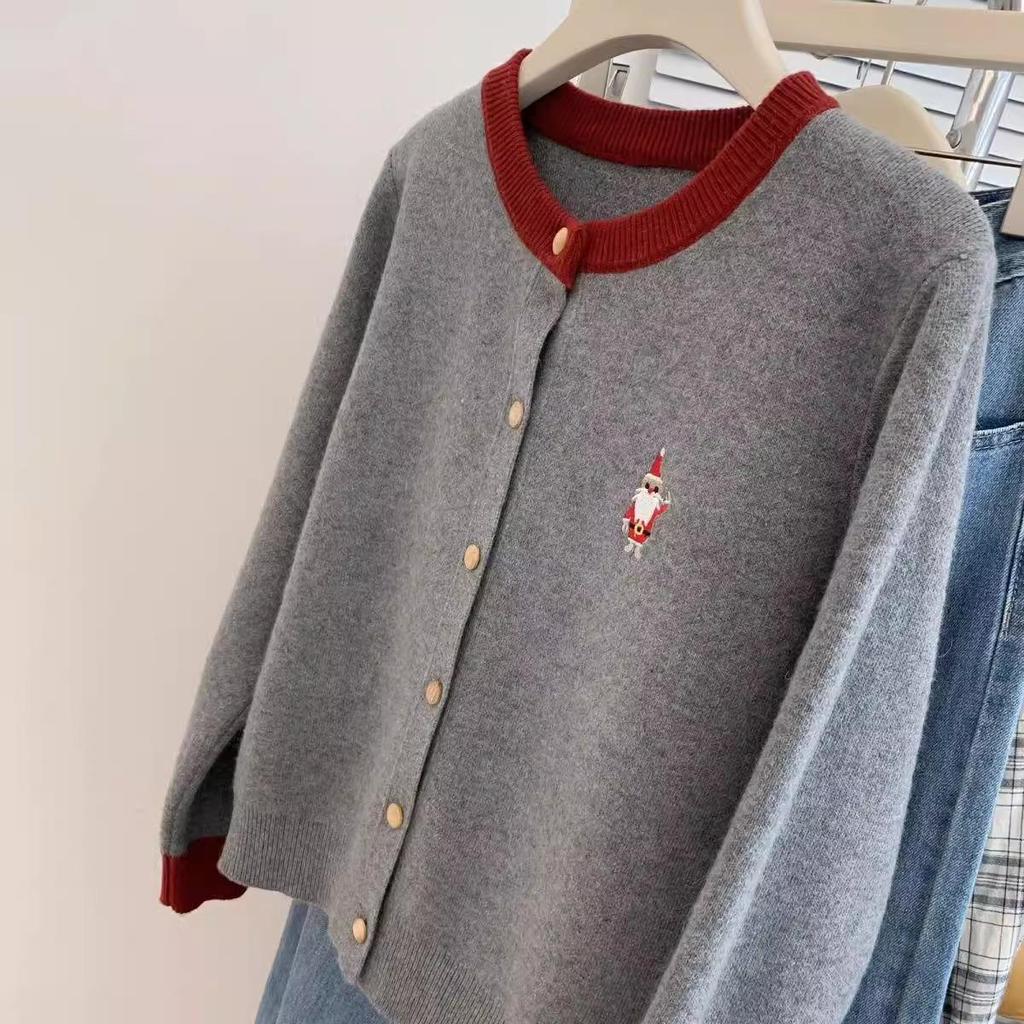 Women's Santa Claus Embroidered Wool Cardigan - Round Neck, Color Block, Loose Fit, Autumn Winter Knitwear.