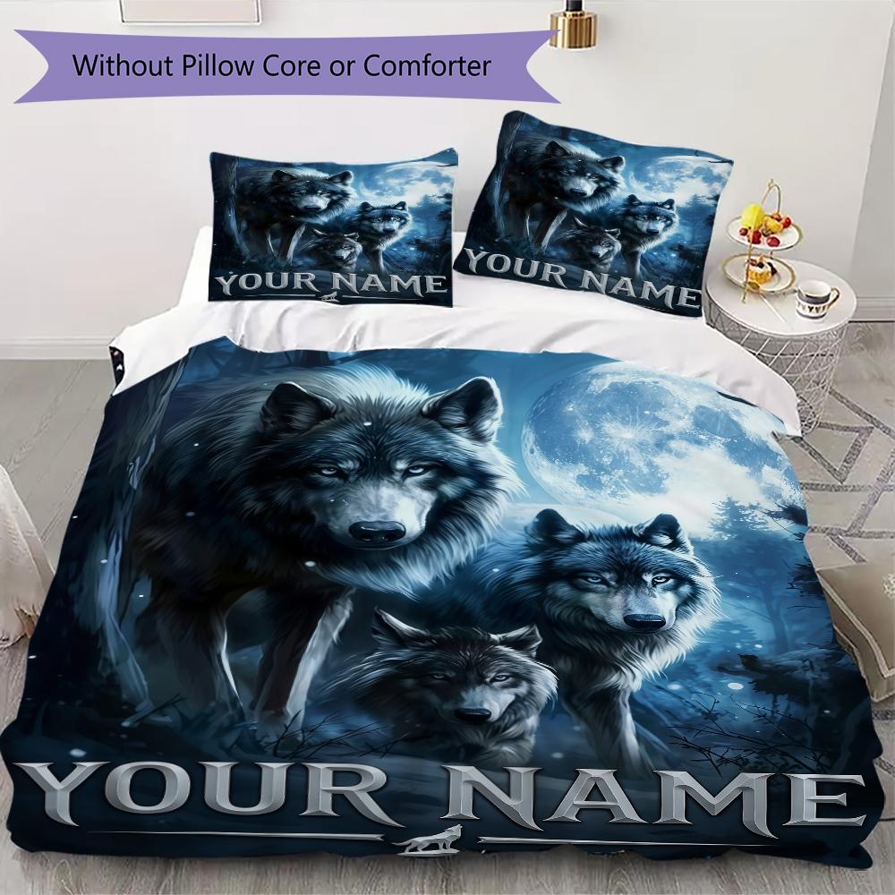 Custom Name Wolf Pack Moonlit Forest Bedding,Quilt Set Quilt Cover Pillowcase Home Birthday Gift(1 * duvet cover + 2 * pillowcase, without core)_lx