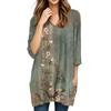Womens Tops V-neck 3/4 Sleeve Blouses Casual Mid-length Shirts Fashion Print Tunic Tops With Pockets