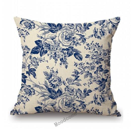 Navy Blue Delft Blue Toile De Jouy Pattern Design Royal Elegant Home Decorative Sofa Throw Pillowcase Cotton Linen Cushion Cover