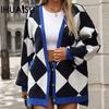 Women's Autumn and Winter V-neck Diamond Lattice Splicing Collision Loose Knit Cardigan Jacket Jumper