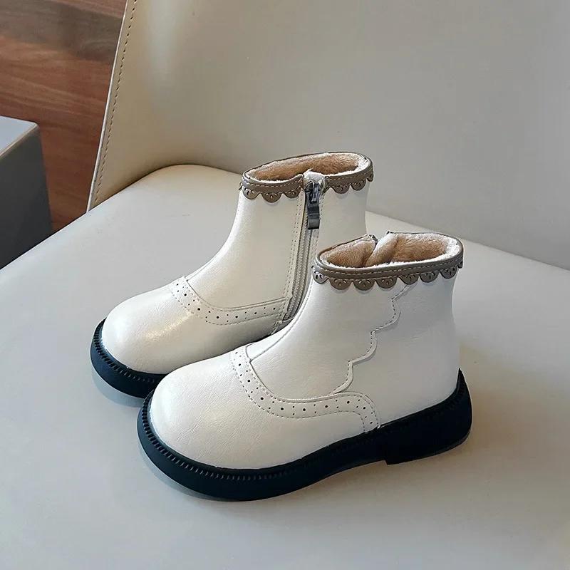 Ботинки для девочек, зимние, черные, бежевые, универсальные, принцесса, ботильоны, милые, с оборками, универсальные, детские, модные, повседневные, хлопковые ботинки