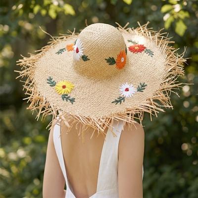 Embroidered Flower Lafite Grass Hat Boho Weave Hat Sweet Beach Hat Party