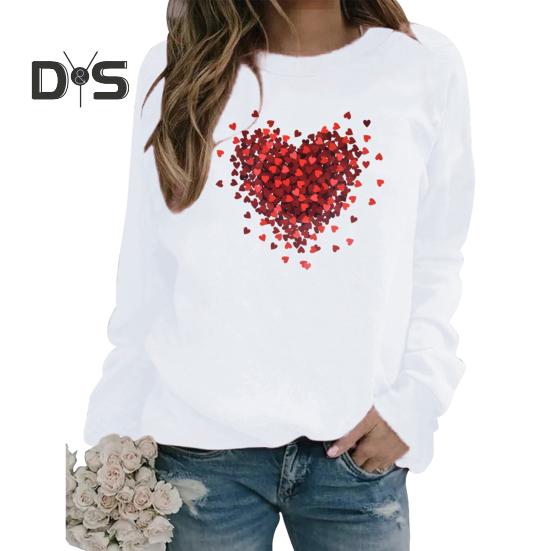 Женская толстовка с капюшоном на День святого Валентина, женская толстовка с принтом в виде сердца, круглый вырез, длинный рукав, свободный пуловер, топы