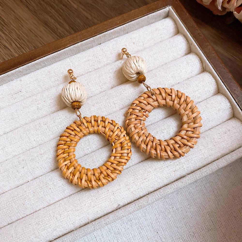 Wood Bohemian Drop Earrings Round Geometric Earrings Retro Rattan Weave Earrings  Party