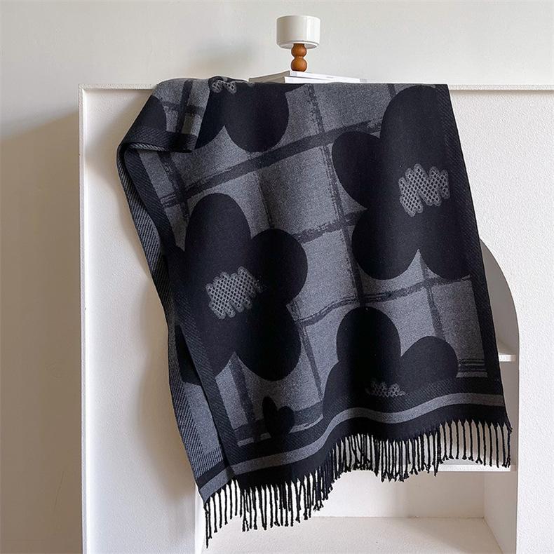 2024 Autumn/Winter New Color Blocked Imitation Cashmere Women'S Tassel Shawl Thickened Warm Double Sided Jacquard Wool Scarf