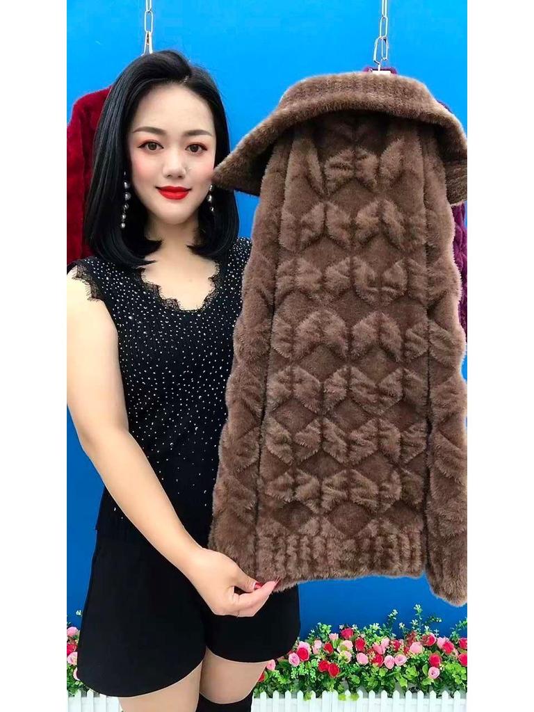 Plus Size Stylish Long-Sleeve Faux Mink Velvet Coat for Middle-Aged and Elderly Women