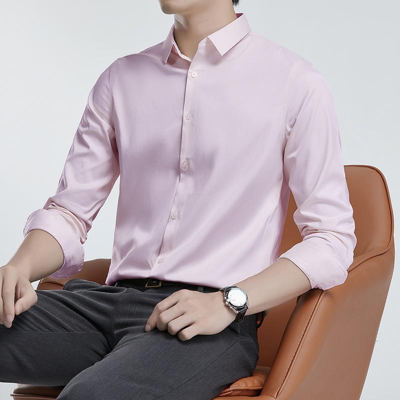 Рубашка из мерсеризованной немаркой мужской с длинным рукавом, не мнется, деловой костюм, свадебная рубашка, однотонная