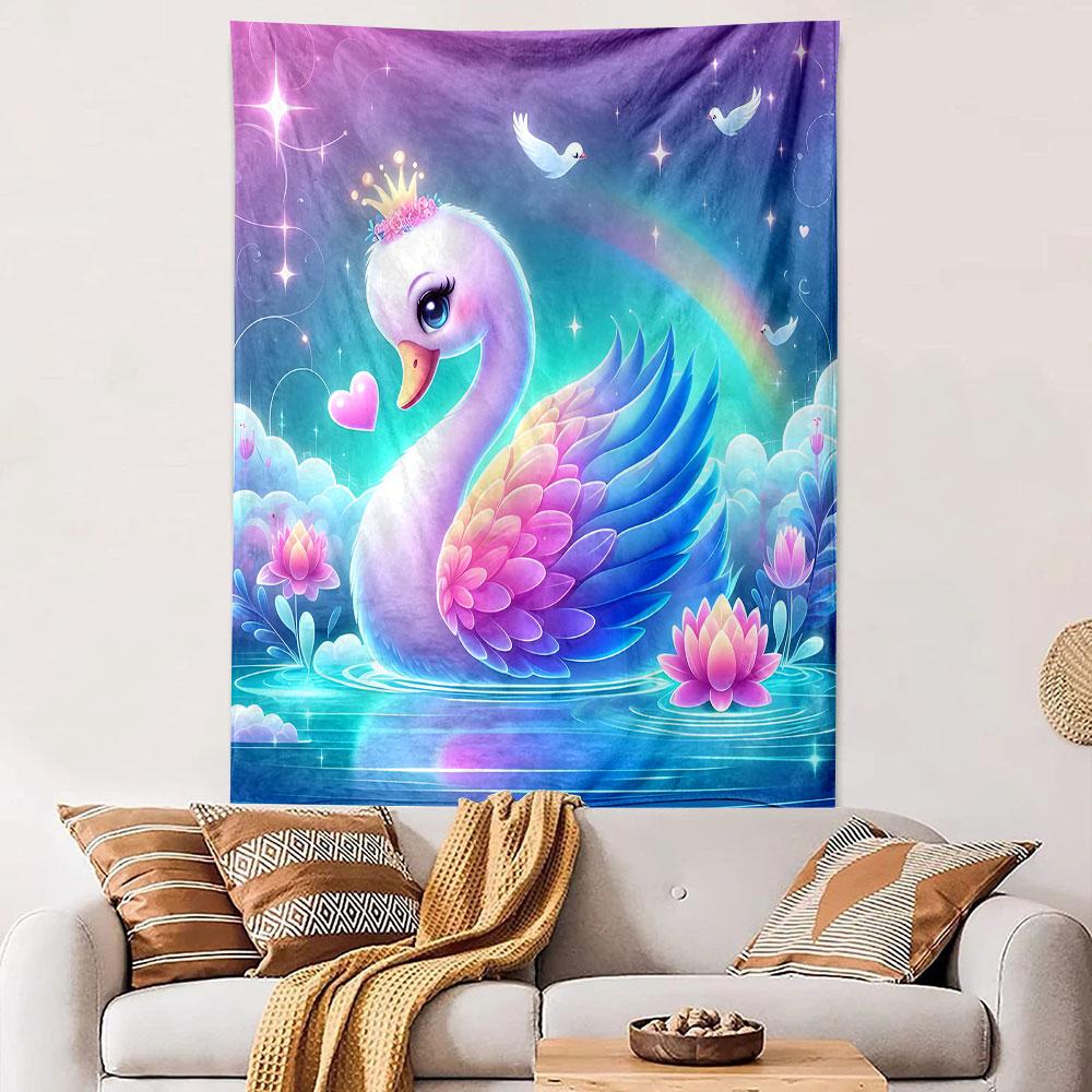 "Majestic Swan with Crown in Fantasy Scene" Patterned Tapestry Decorative Wall Hanging, Home Bedroom Living Room Decor