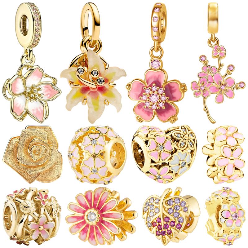 НОВЫЙ Gilded Jewelry Розовый Вишневый Запутанный Цветок Солнечная Капля Подвеска Роза Маргаритка Шарм Бусины Подходят для Браслета Женский Подарок