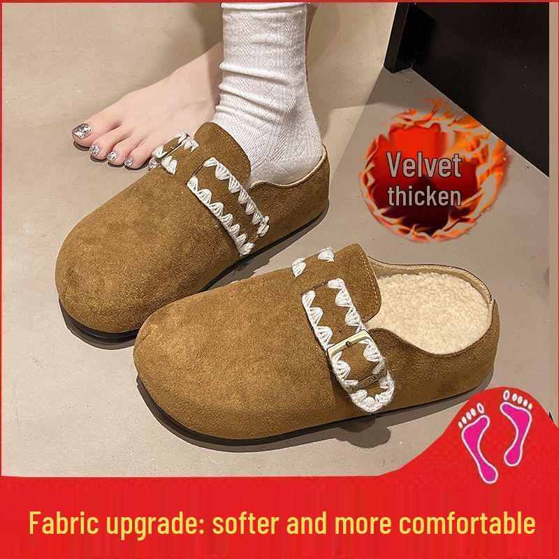 Женские ретро-тапочки Birkenstock с толстой подошвой, флисовой подкладкой и меховым круглым носком для осени/зимы.