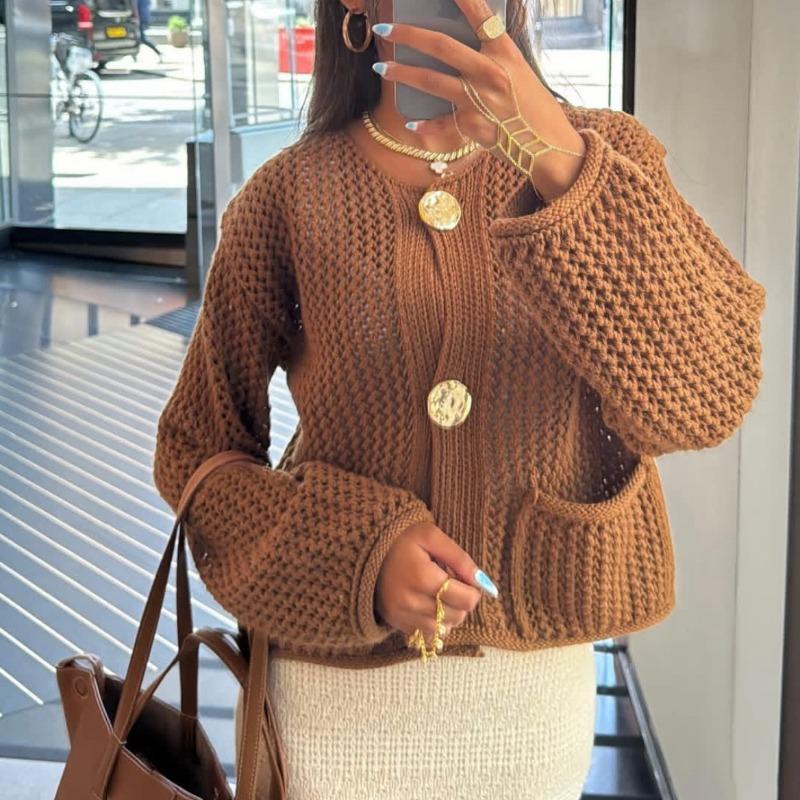 Women's Solid Color Single-breasted Knitted Cardigan Women's Double Pocket Crew Neck Long Sleeve Coarse Needle Sweater Jacket Women's