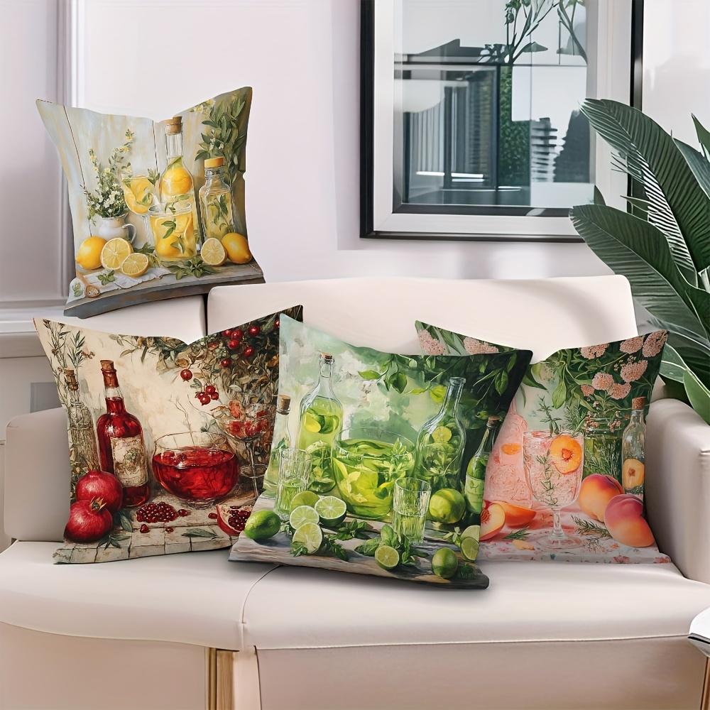 Vintage Fruit Drink Still Life Throw Pillow Covers, Lemon Pomegranate Lime Peach Print Cushion Cases, Kitchen Decor For Bedroom
