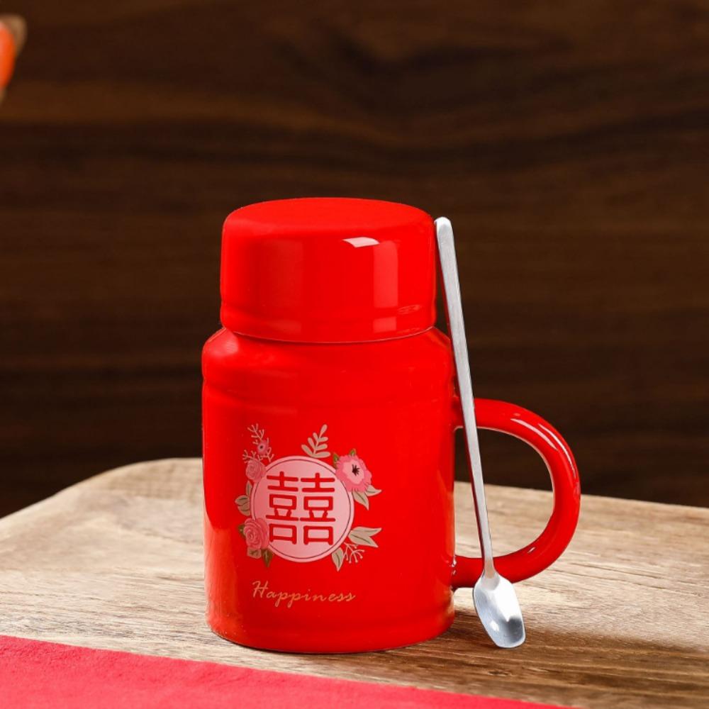 Vintage Double Happiness Kettle Mug with Lid Spoon Girls Ceramic Mug with Gift Box Packed Red Red Gift Box
