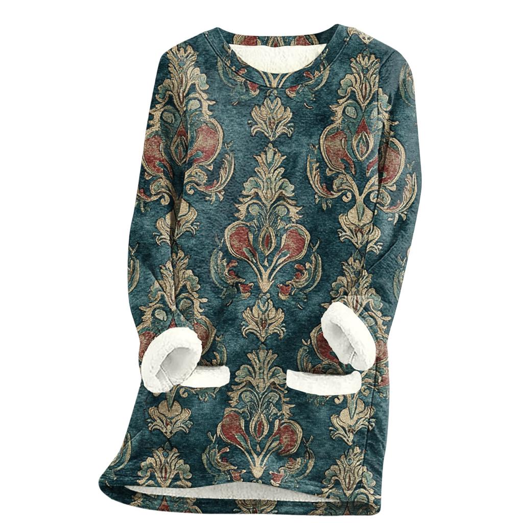 Women's Round Neck Top Printing Thickened Plush Cashmere Warm Long Top