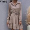 Women's Fashion Summer Spring Solid Color Print Long Sleeve POLO Neck Casual Dresses