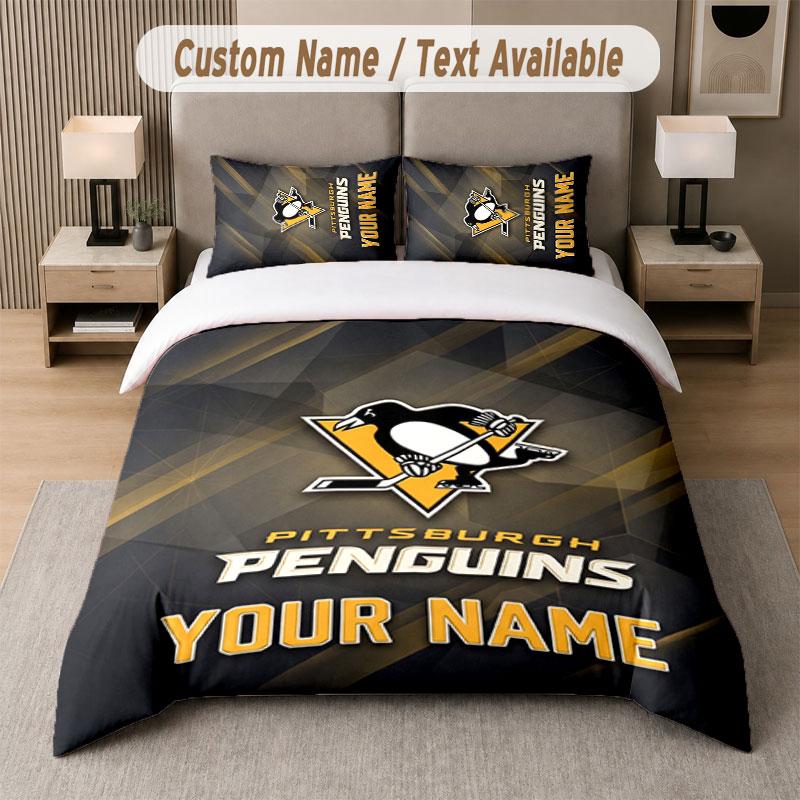 Custom Bedding Set Pittsburgh Penguins Pattern, Print Name Text 1 Duvet Cover plus 2 Pillowcases Home Textile