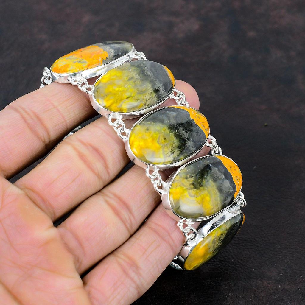 Браслет Bumble Bee Jasper Браслет из стерлингового серебра 925 пробы Ювелирные изделия из натуральных драгоценных камней Регулируемый браслет-цепочка Браслет ручной работы Подарок на помолвку