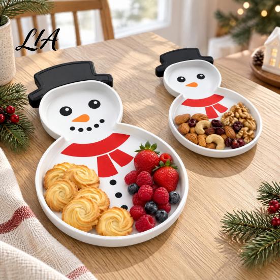 Decorative Jewelry Trinket Holder Christmas Snowman Serving Tray, Holiday Party 3D Supply Printed Platter Dish for Snacks, Candies, Goodies,