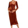 Maternity Velvet Brown V-Neck Wrap Waist Midi Dress With High Elastic Bump Support Elegant Occasions