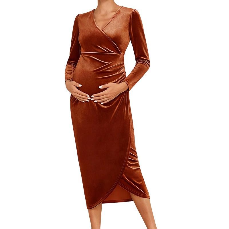 Maternity Velvet Brown V-Neck Wrap Waist Midi Dress With High Elastic Bump Support Elegant Occasions