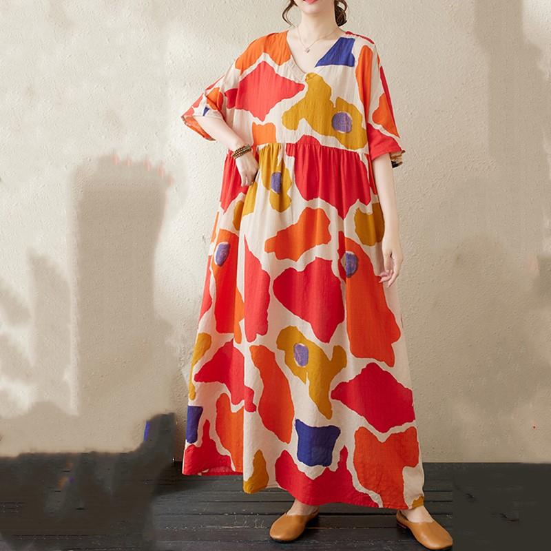 Новое хлопковое платье больших размеров с коротким рукавом и цветочным принтом для женщин, повседневное свободное длинное летнее платье