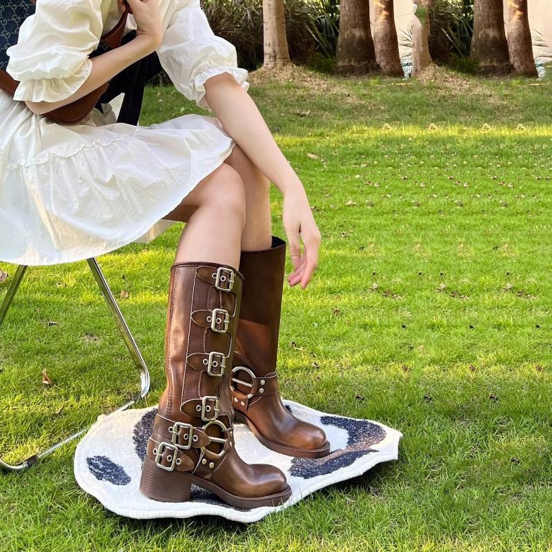 Brown Blet Buckles Mid Calf Boots New Design Round Toe Chunky Heel Knight Boots Women Shoes 2024 Fashion Zapatos Para Mujere