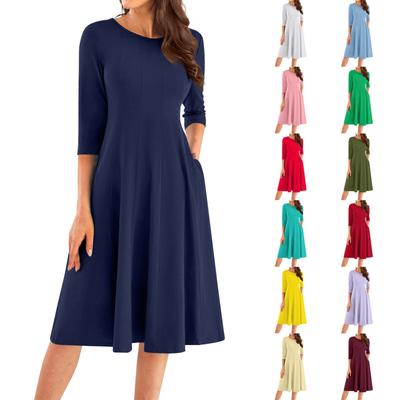 Женское повседневное модное платье миди с круглым вырезом и рукавом три четверти