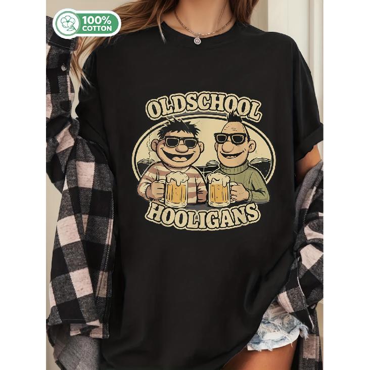 women's oversized black cotton tee with vintage cartoon beer graphic, crew neck short sleeve relaxed fit for casual weekend wear