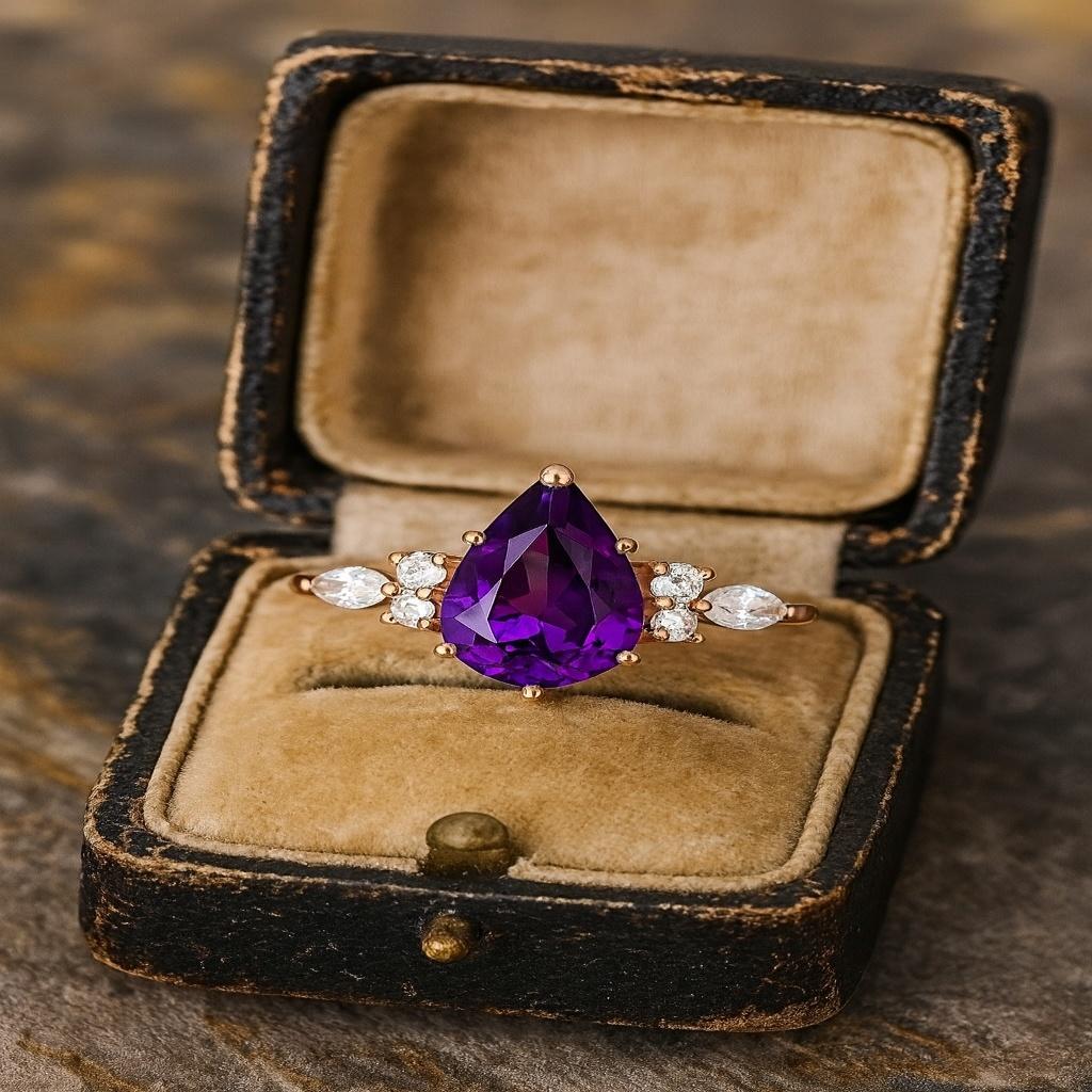 Pear Cut Amethyst Engagement Ring Rose Gold Plated | Purple Amethyst Cluster Ring | Vintage Marquise Moissanite | Dainty Promise Ring