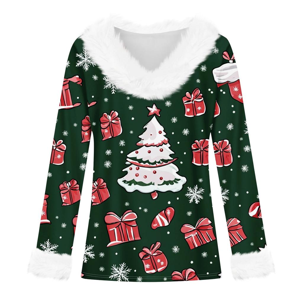 Женская футболка с рождественским принтом, длинный рукав, флисовый воротник, V-образный вырез, футболка